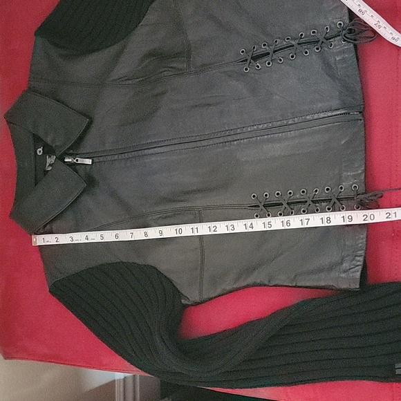 Leather & Wool Blend Knit Bikercore Moto Jacket Black size L - Picture 13 of 14